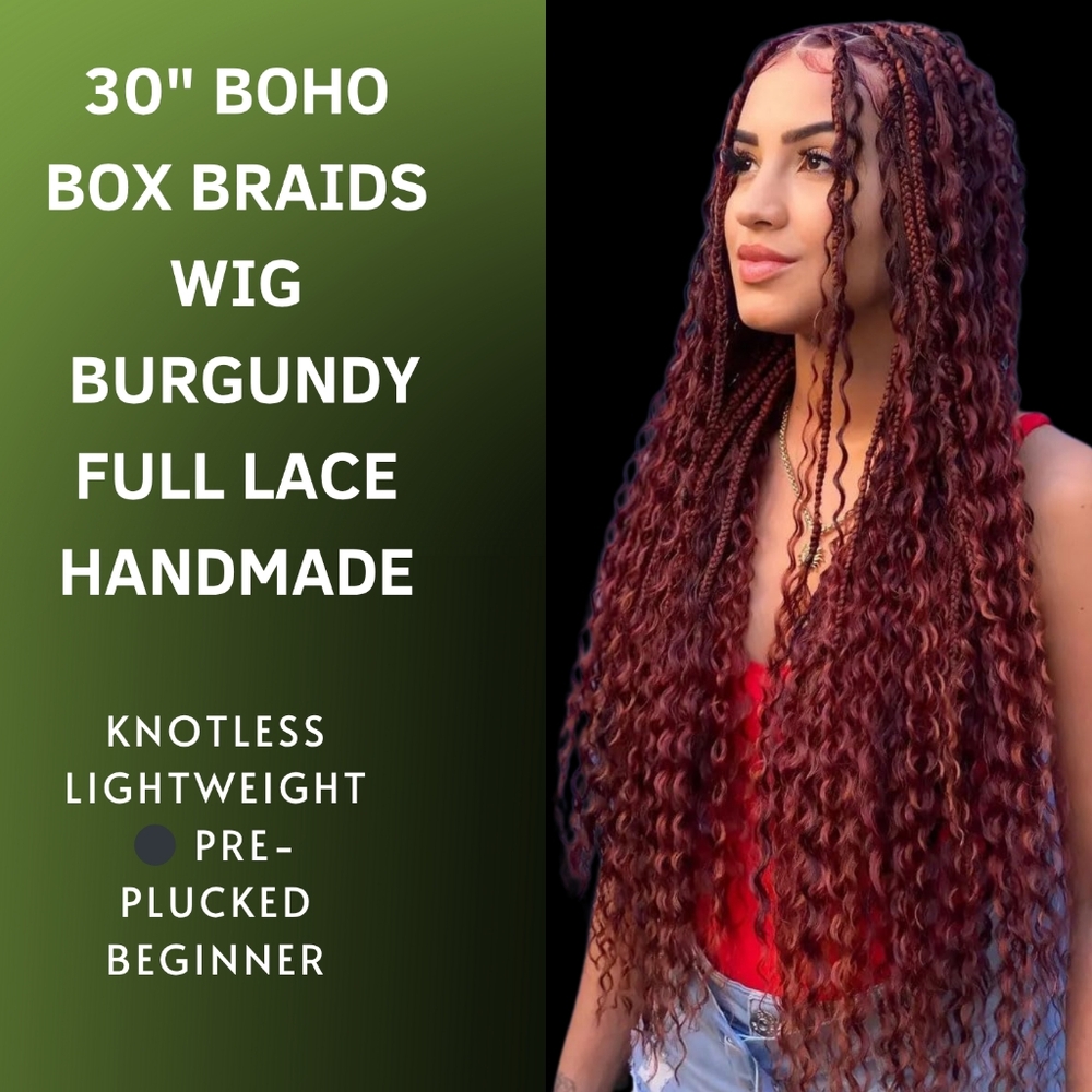 Burgundy Boho Box Braids Wig - Full Lace